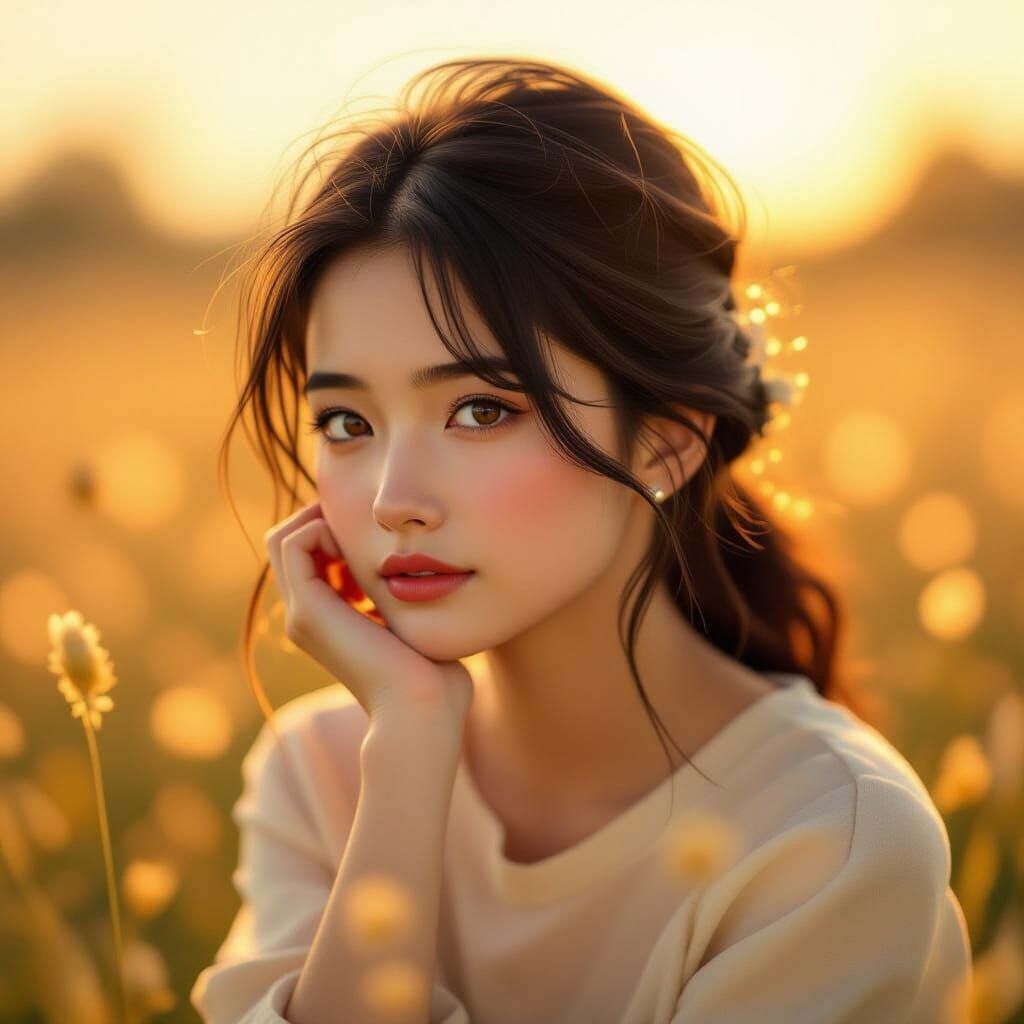 Dreamy Girl in Golden Light, Impressionist Style