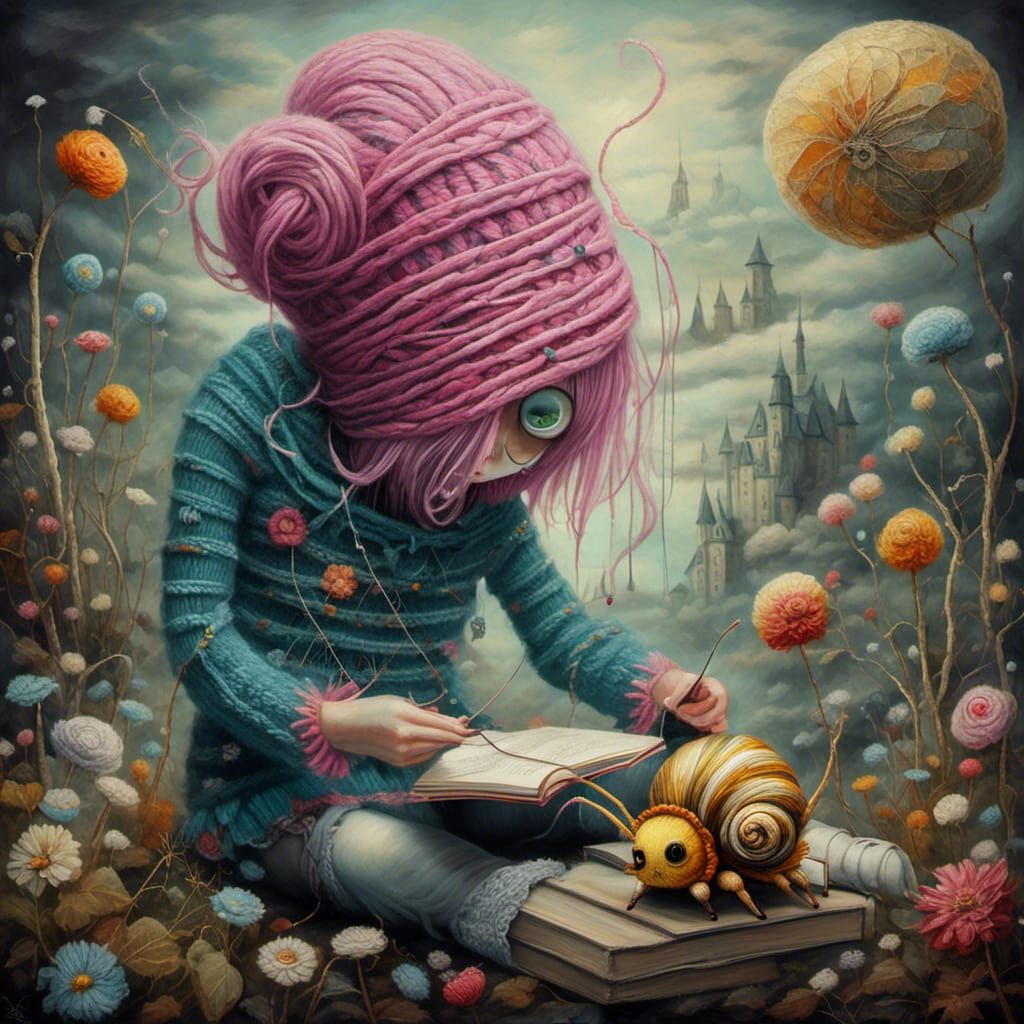 Yarn monster knitting a sweater, <lora:Otherworldly:1.0> , p...