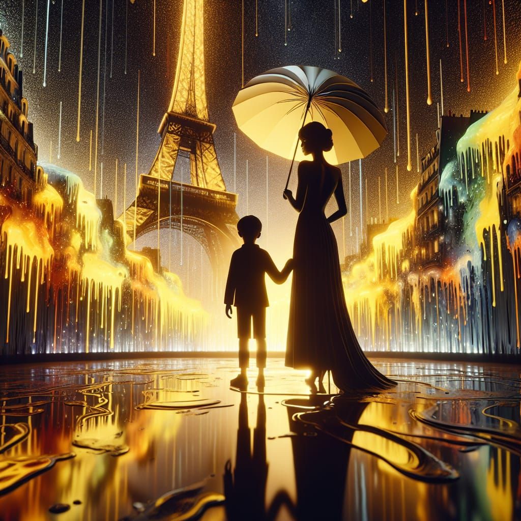 Mother and Son in Paris: 3D Rendered Silhouette