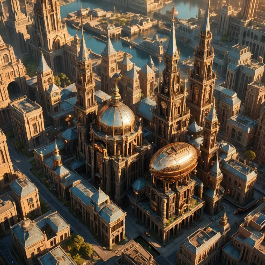 Steampunk Atlantis Aerial View in Hyperrealistic Photo