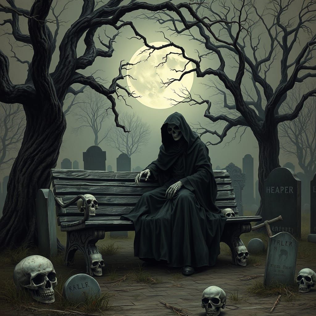 Grim Reaper Contemplation in Beksiński-Giger Style