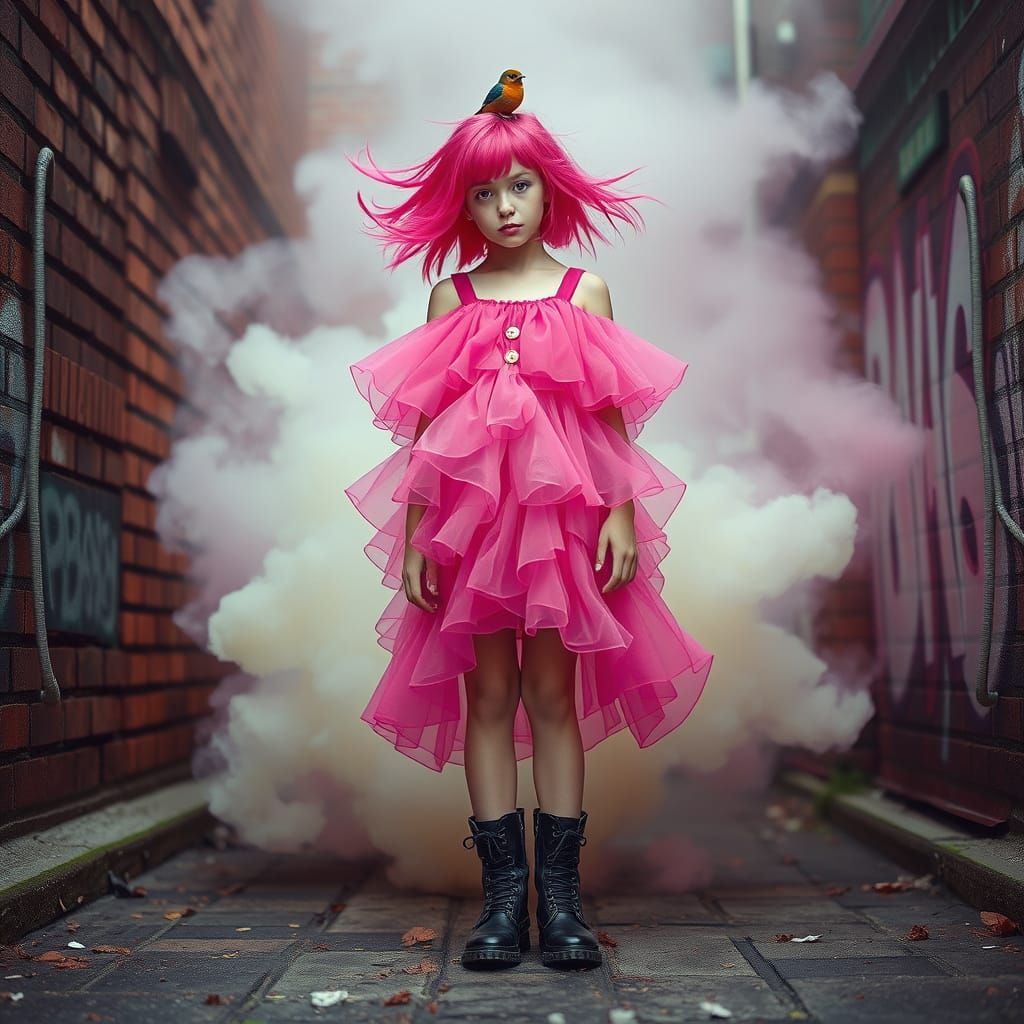 Tomboy Girl in Fuchsia Dress on Twisted Street