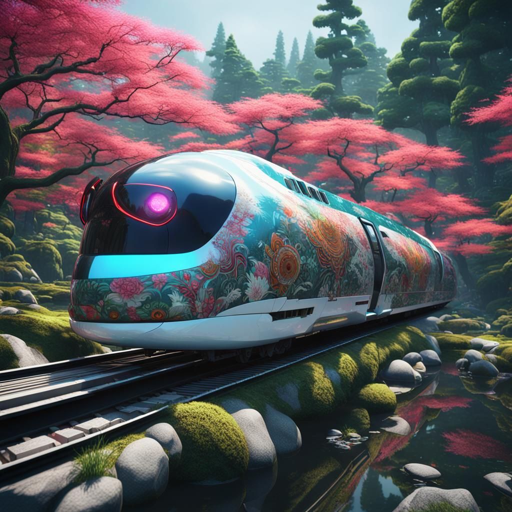 mechatronic cyberpunk shinkansen with colourful yakuza tattoo livery travelling through japanese garden forest. intricat...