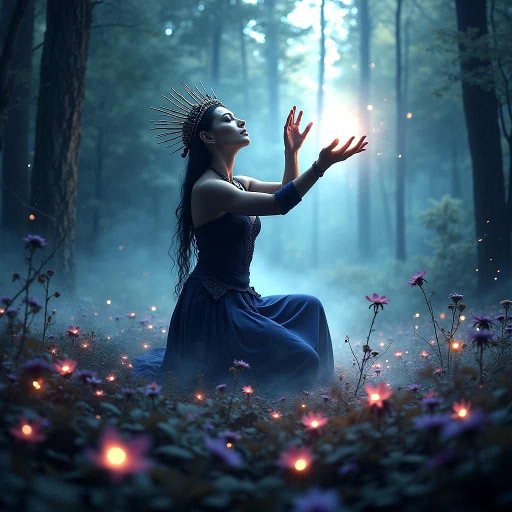 Witch Casting Spells in a Dark Forest