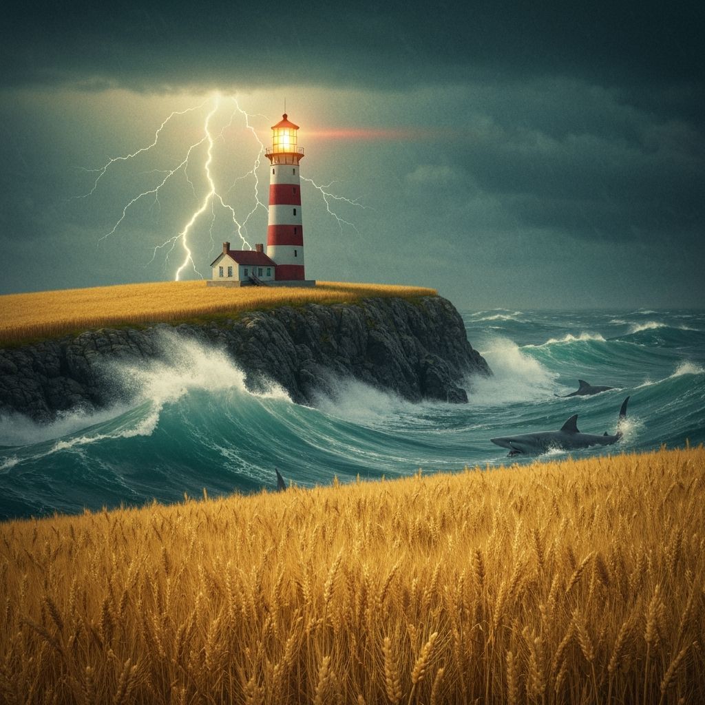 Lighthouse Amidst Stormy Sea and Wheat Field
