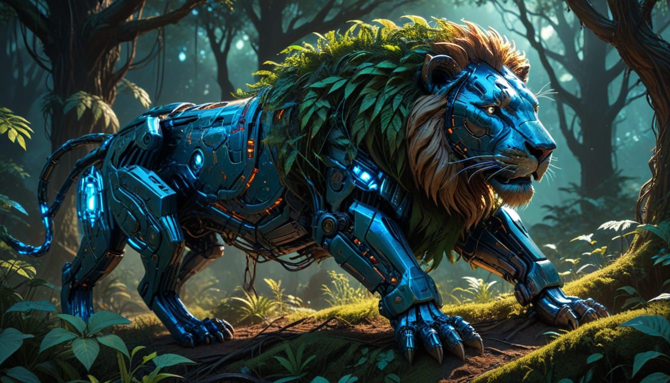 Stunning Cyberpunk Robotic Lion Filled with Vibrant Forest