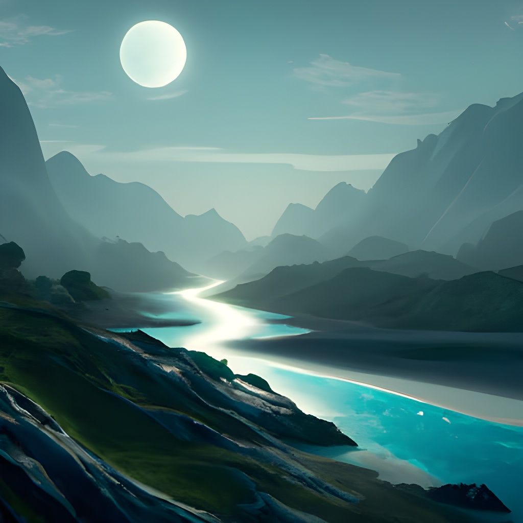 Moonlit River Reflects in Mountain Landscape