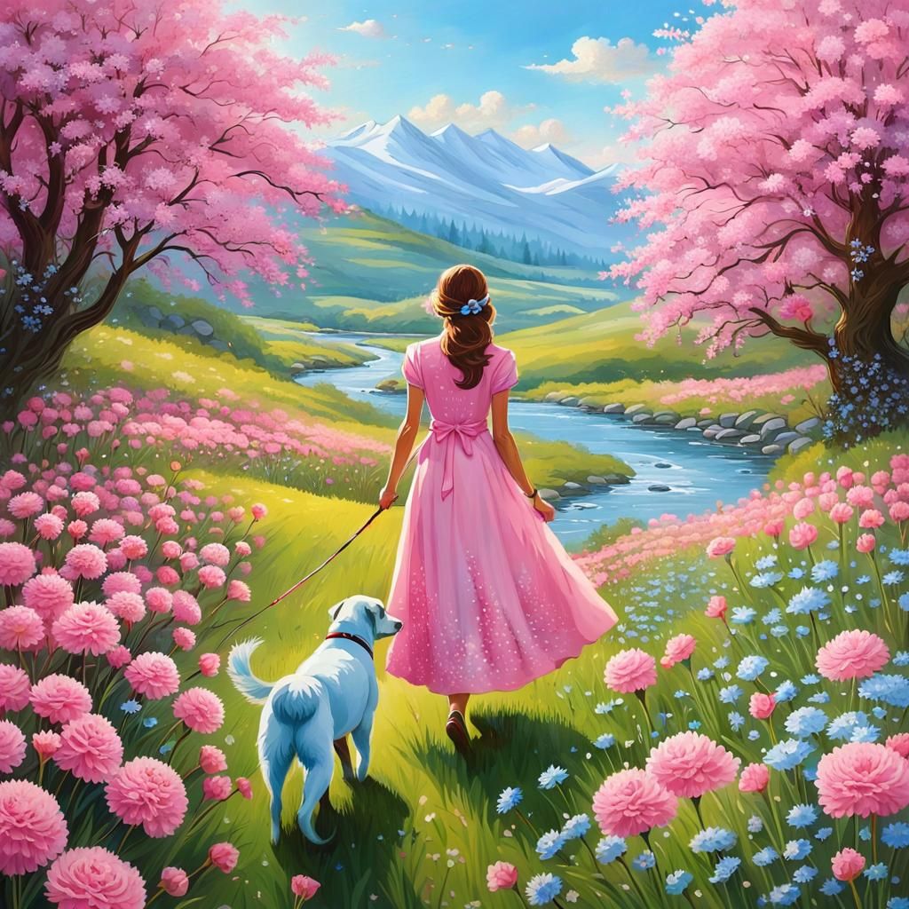 Dog Walk in Meadow with Pink and Blue Flowers