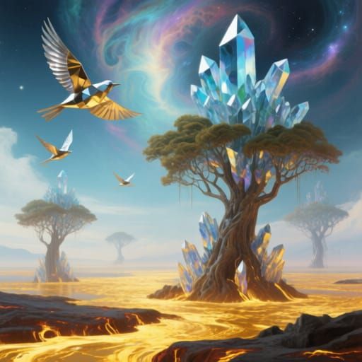Cosmic Wonder: Crystalline Trees on Molten Gold Sea