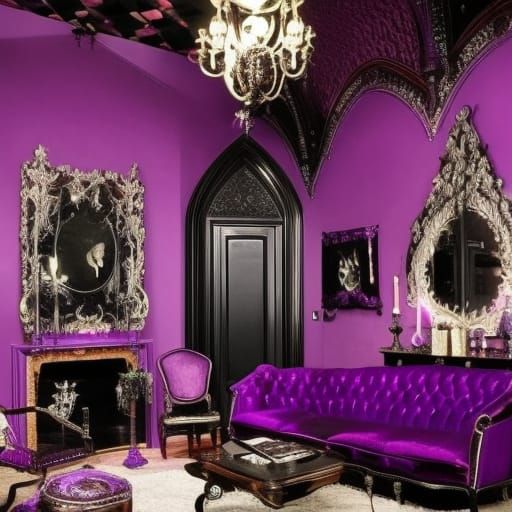 Purple and black gothic living room with Purple gothic furniture and Purple gothic rugs and gothic windows and gothic ce...