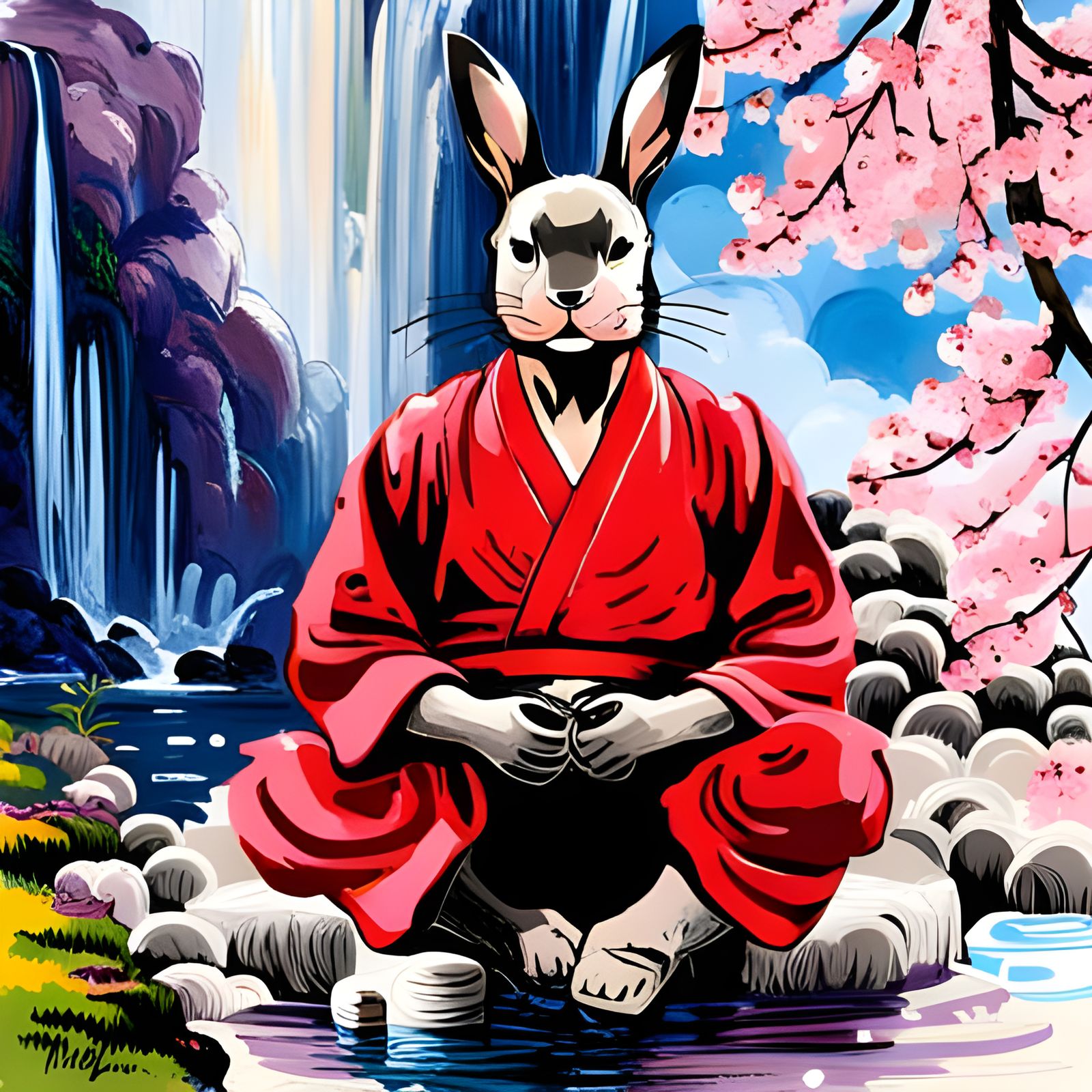Samurai Rabbit Meditating Under Sakura Waterfall