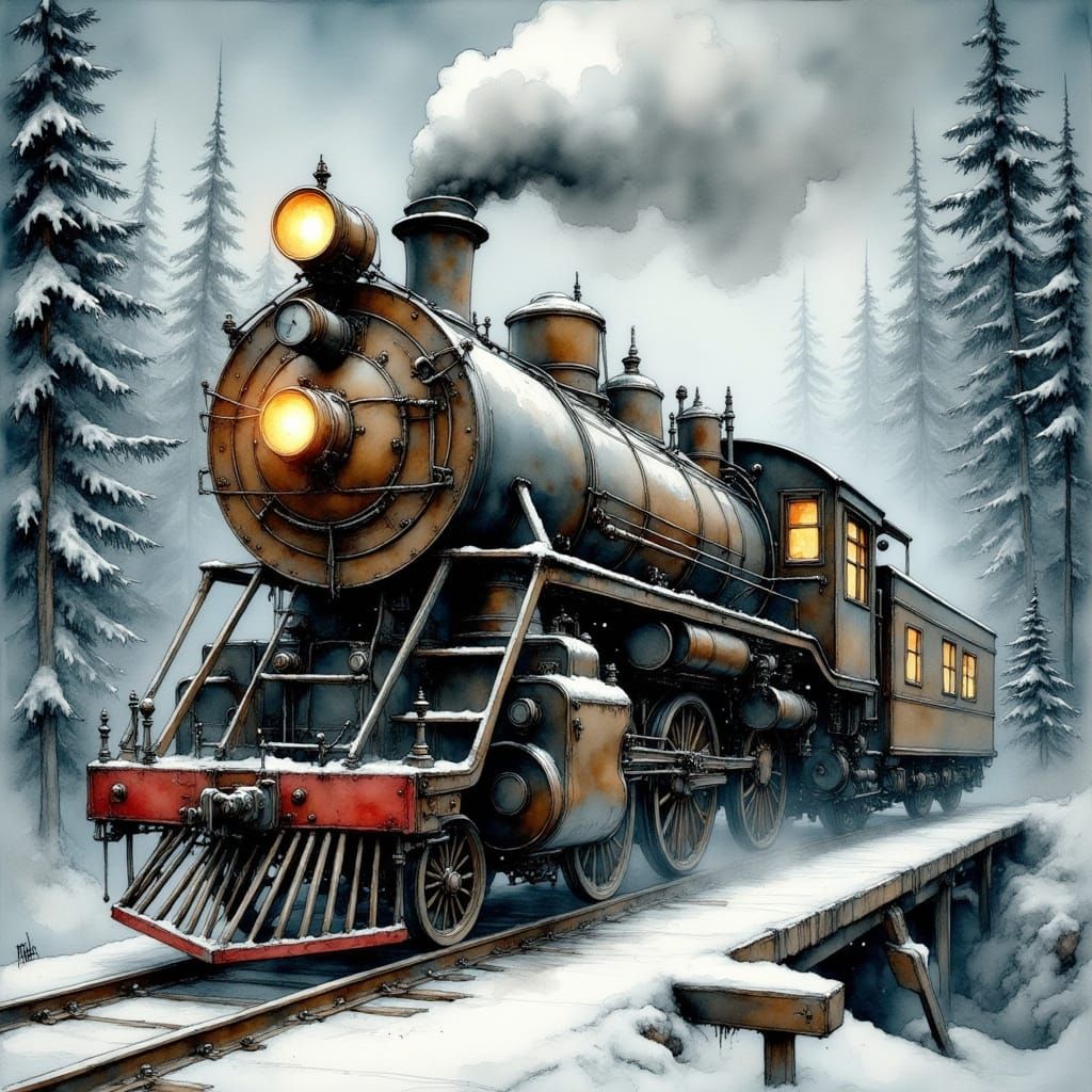 Vintage Steam Train Crossing Snowy Bridge in Industrial Styl...