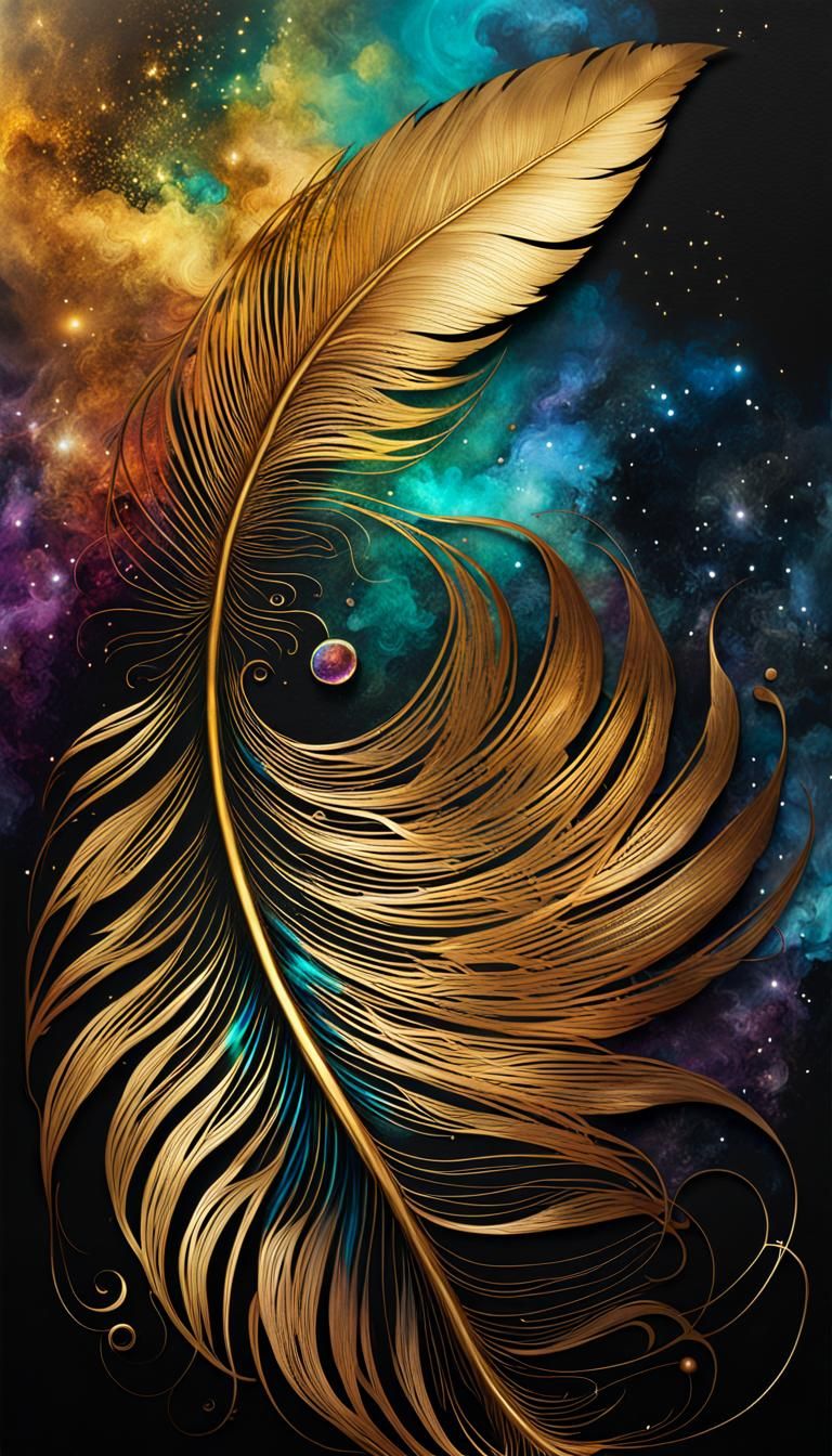 Cosmic Golden Filigree Feather in Vibrant Colors