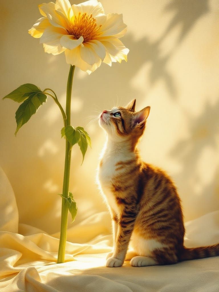 Cat Under Flower in Golden Hour Light