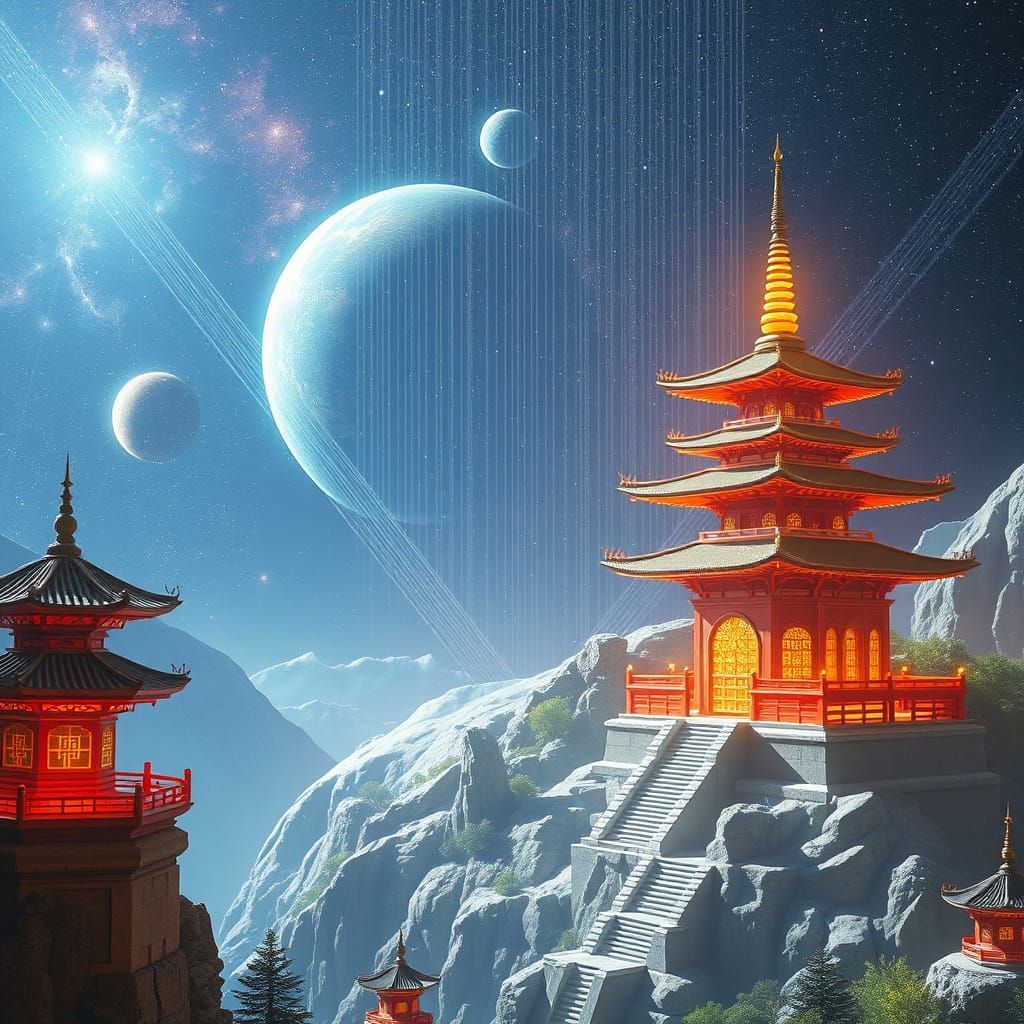 Interstellar Pagodas Connected to Earth by Light Threads