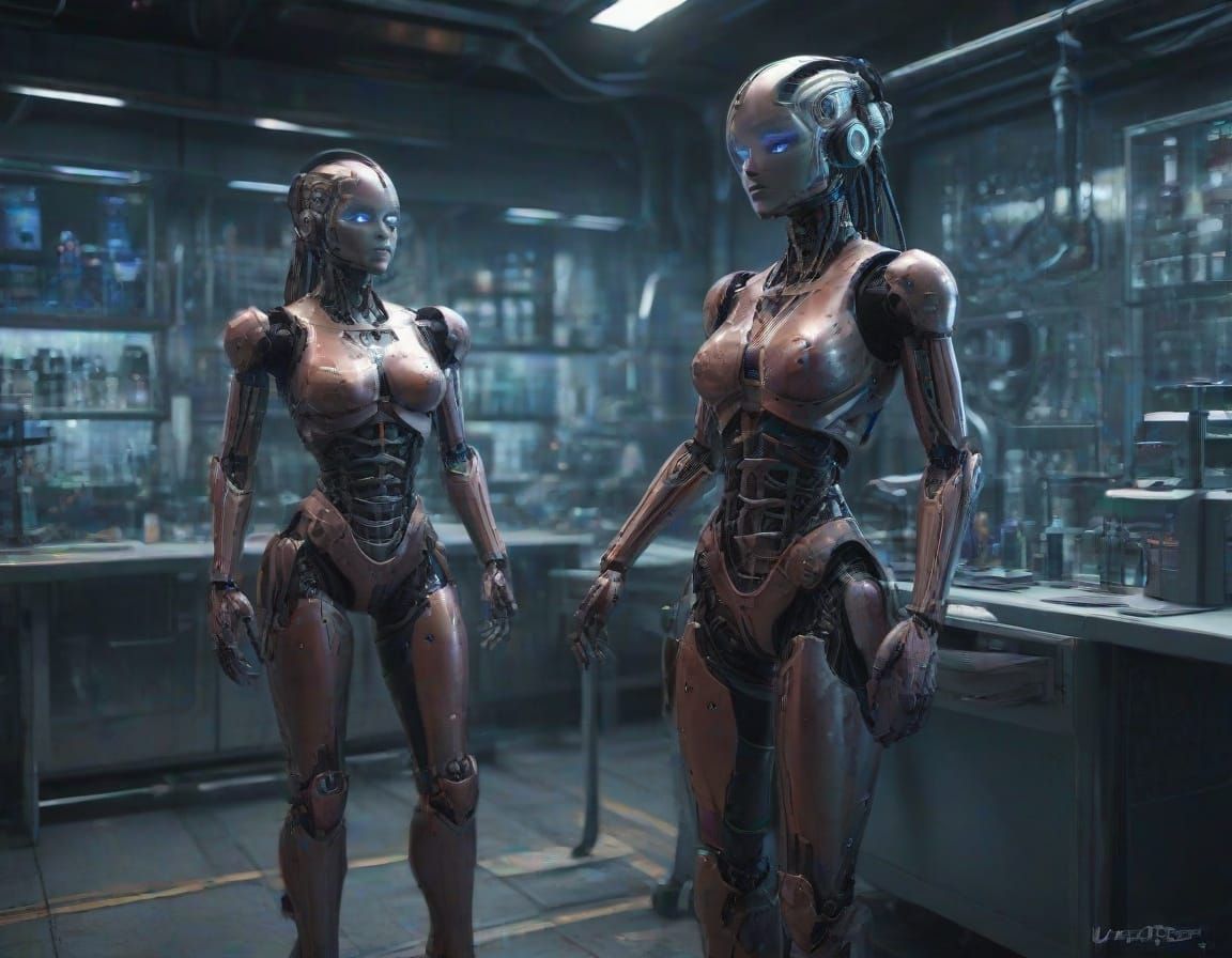 Surreal Medical Laboratory with Female Robots in Fantastical...