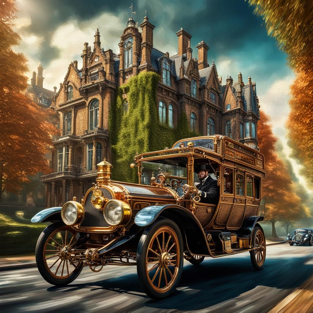 Steampunk Vehicle with Chauffeur on Tree-Lined Street