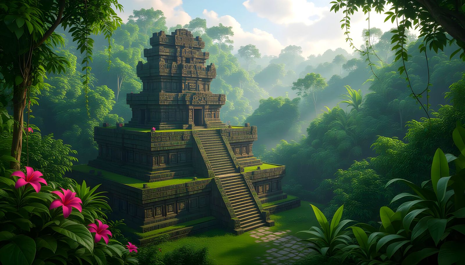 Aerial View of Mayan Temple in Tropical Forest