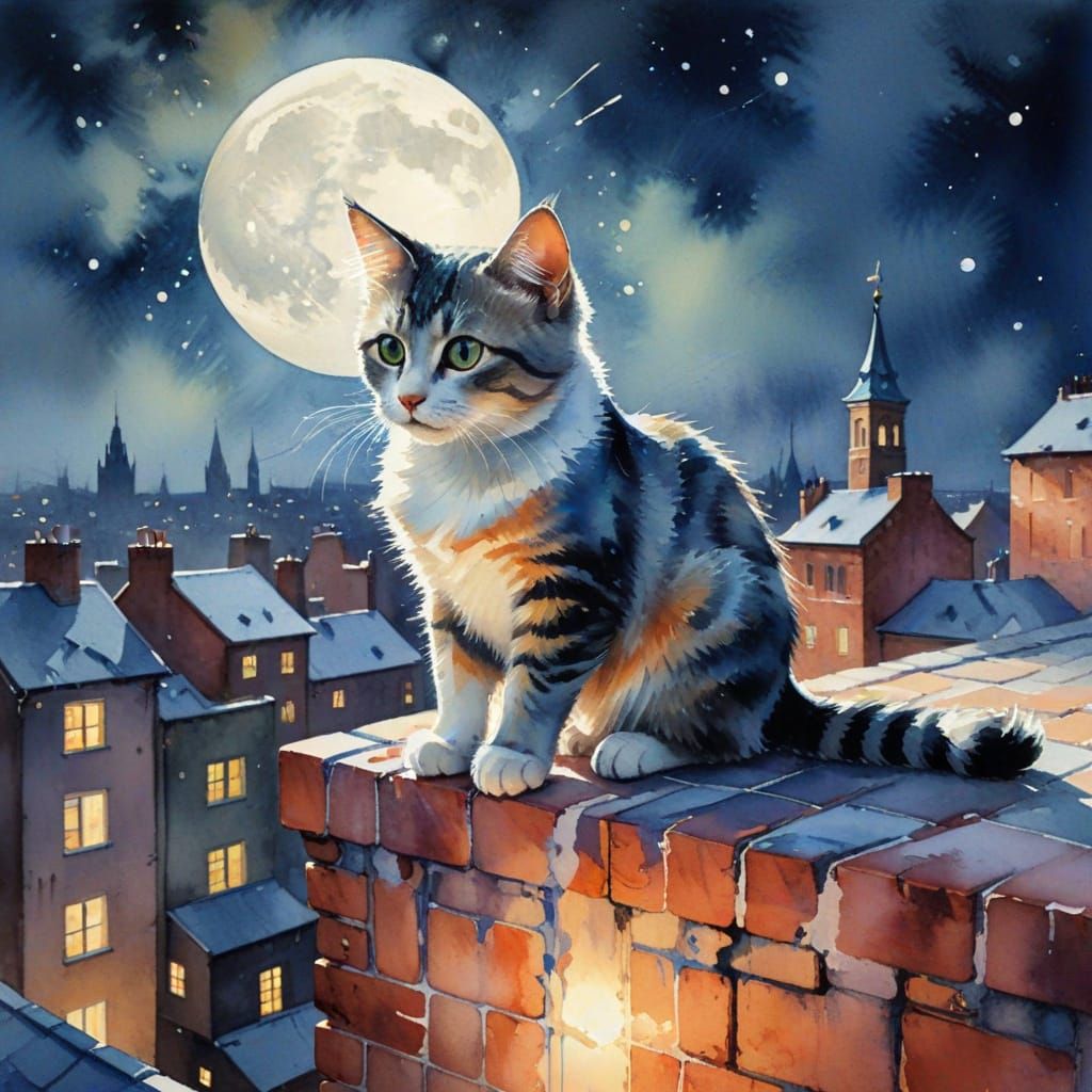 Kitten on Rooftop in Abstract Watercolour Style