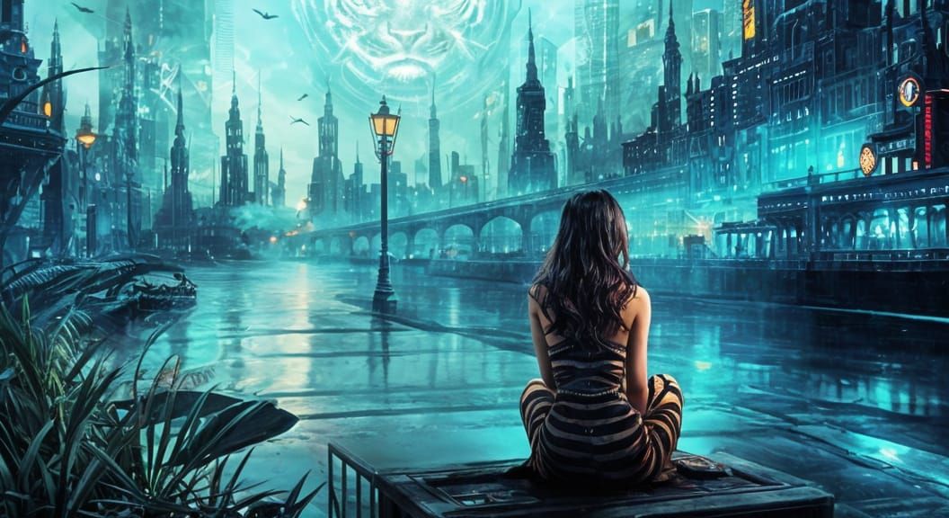 Tiger-Headed Human in a Neon Cityscape