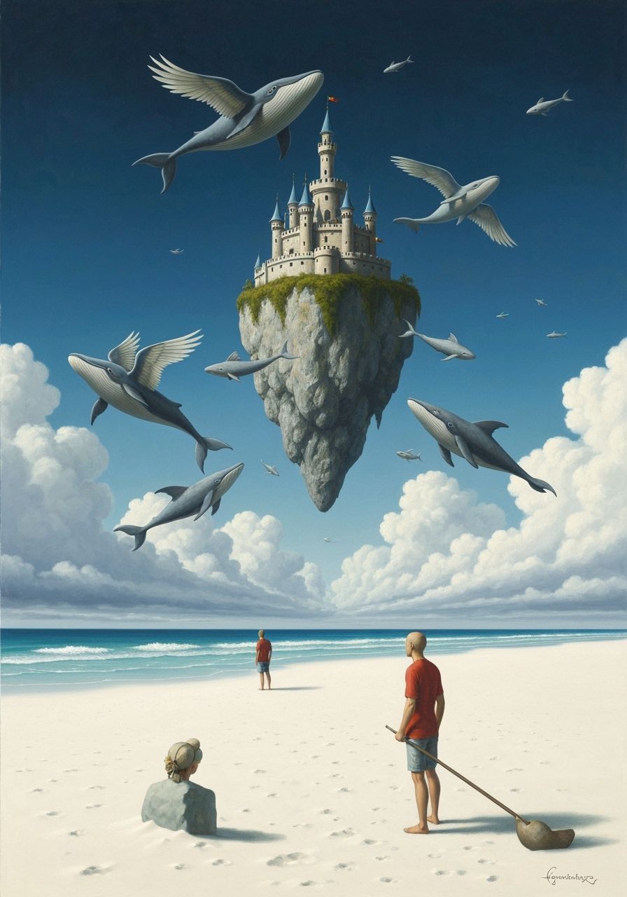 Surreal Beach Scene with Floating Castle and Winged Whales