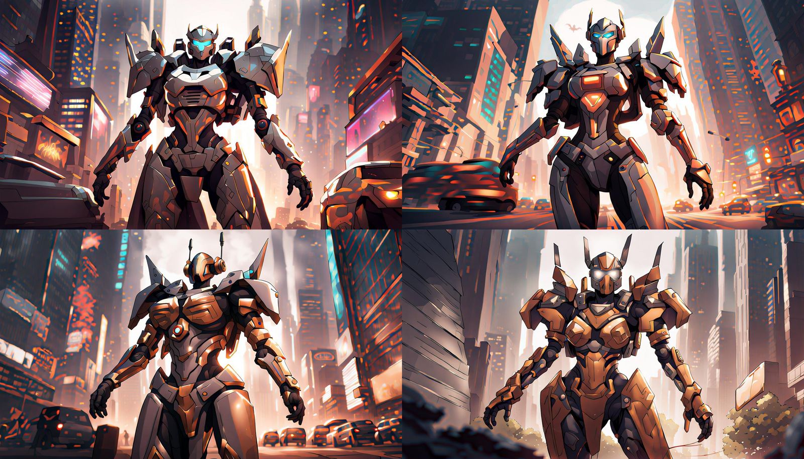 Superhero Mom in Mech Paladin Armor, Cityscape Battle