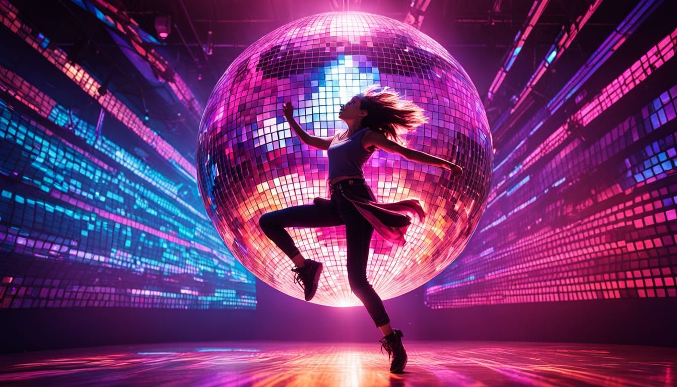 Person Dancing Under Disco Ball in Neon Lights