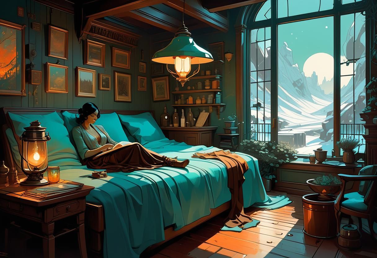 Cozy Interior: Matte Oil Painting in Turquoise Colors