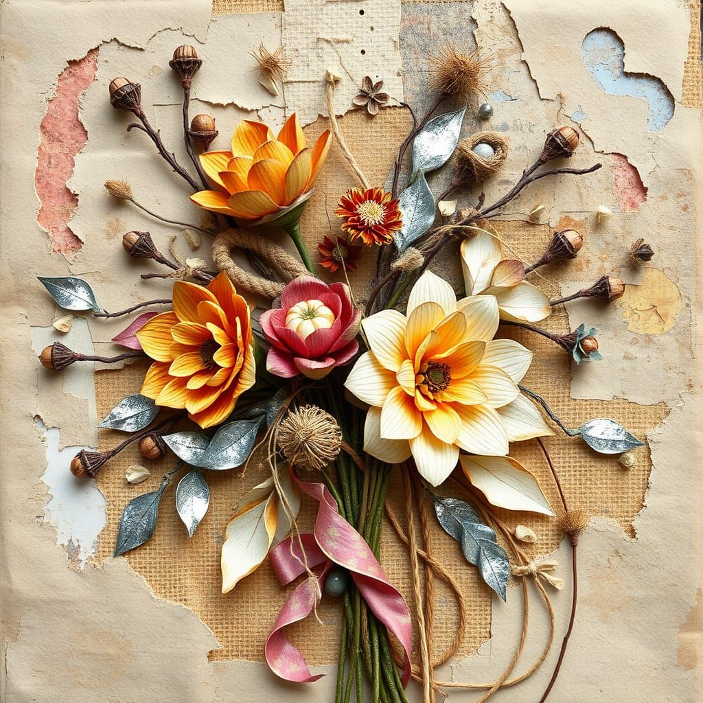 Whimsical Textured Flower Collage in Distressed Hessian Styl...