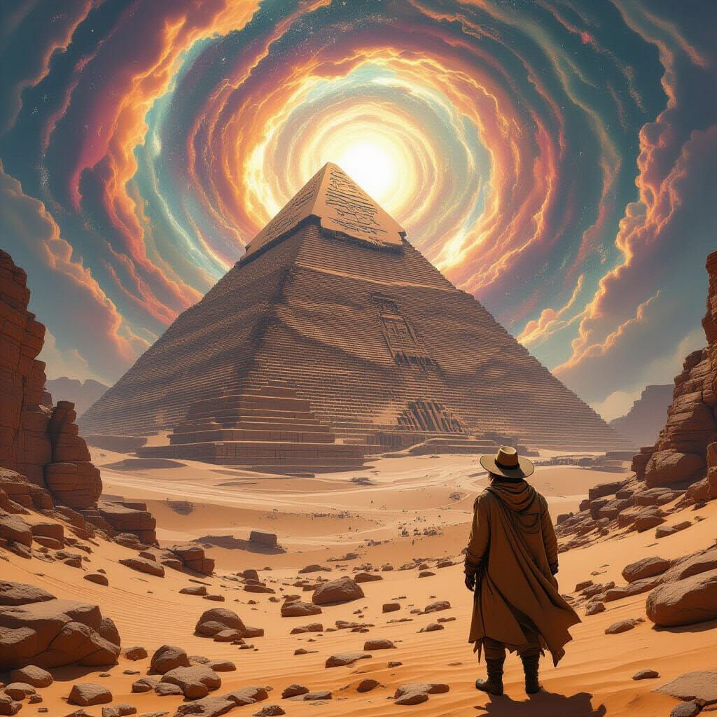 Explorer Gazing at Unearthed Pyramid in Sci-Fi Desert