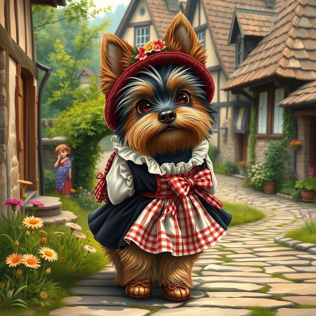Charming Female Silky Terrier in 16th-Century German Village