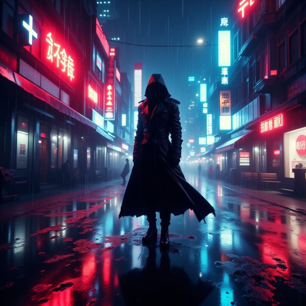 Cyberpunk Itachi in Neon Cityscape