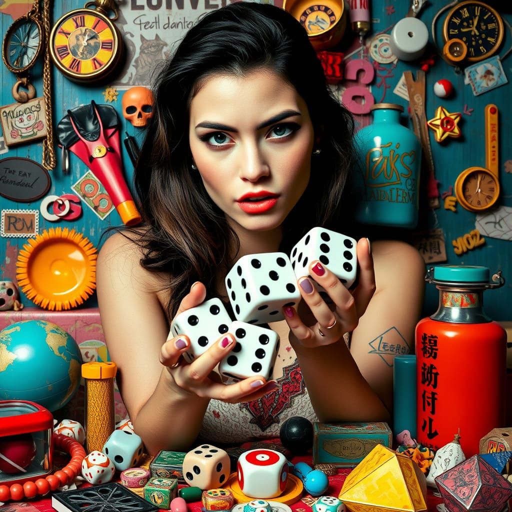 Woman Holding Dice in Mixed-Media Style
