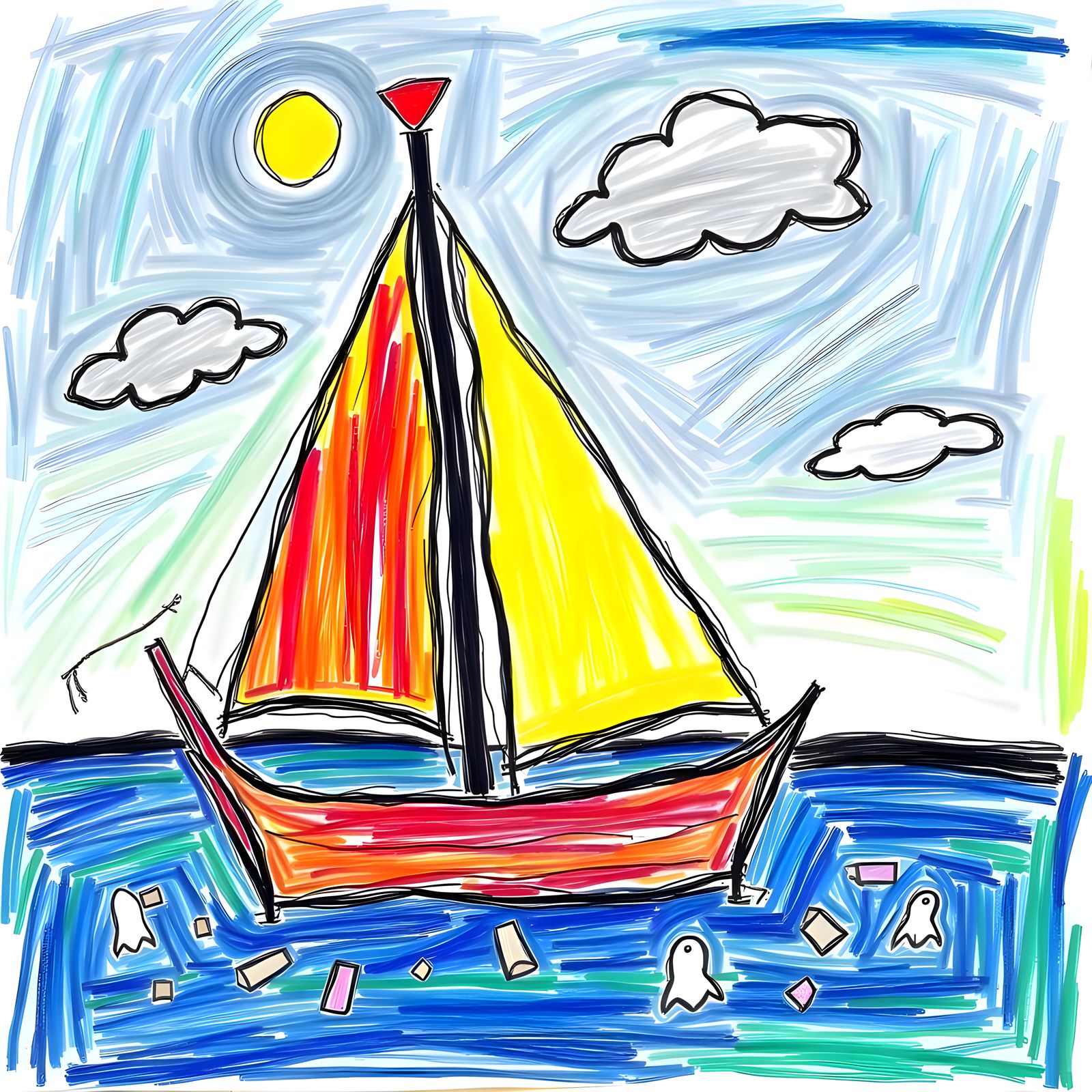 A Vibrant Boat Cruises Through Calm Waters in a Cyberpunk Ae...