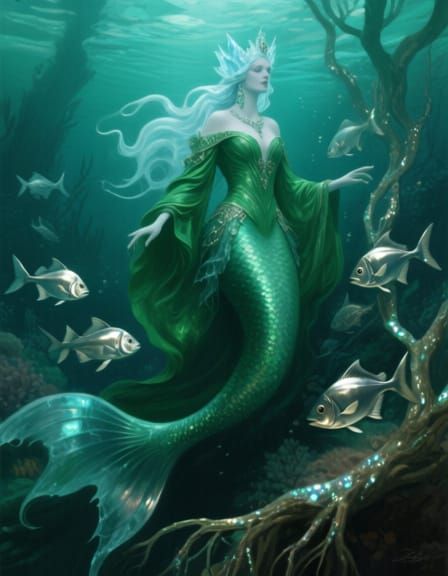 Ethereal Ice Mermaid Queen in Green Robes on Seabed
