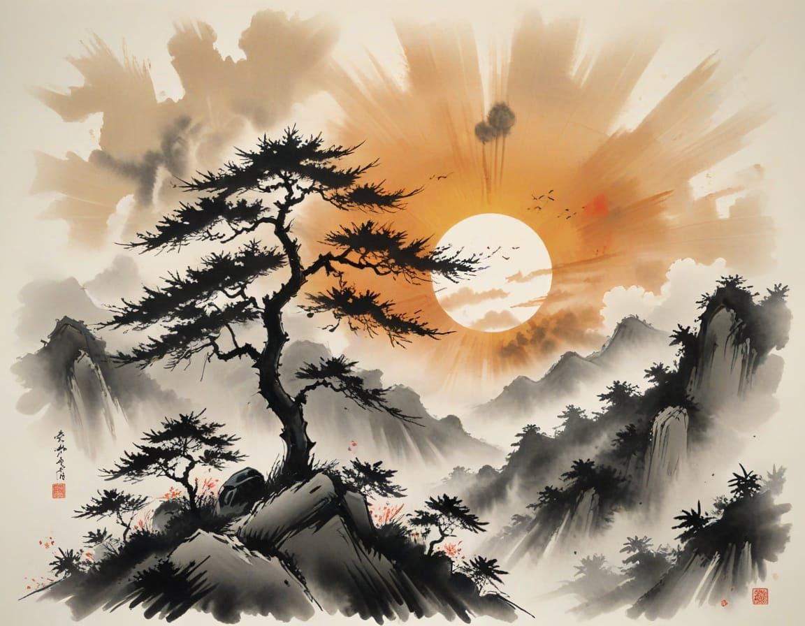 Samurai on Bamboo Ridge in Sumi-e Style