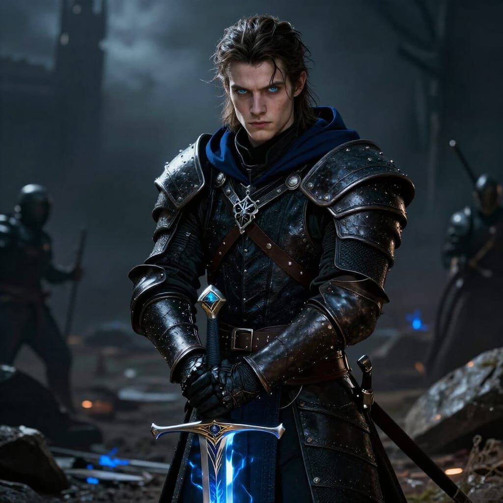 Young Man with Glowing Sword on Battlefield