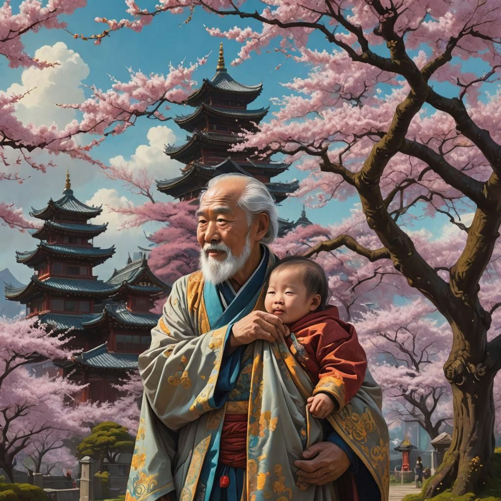 Asian Grandfather and Granddaughter: Detailed Fantasy Painti...