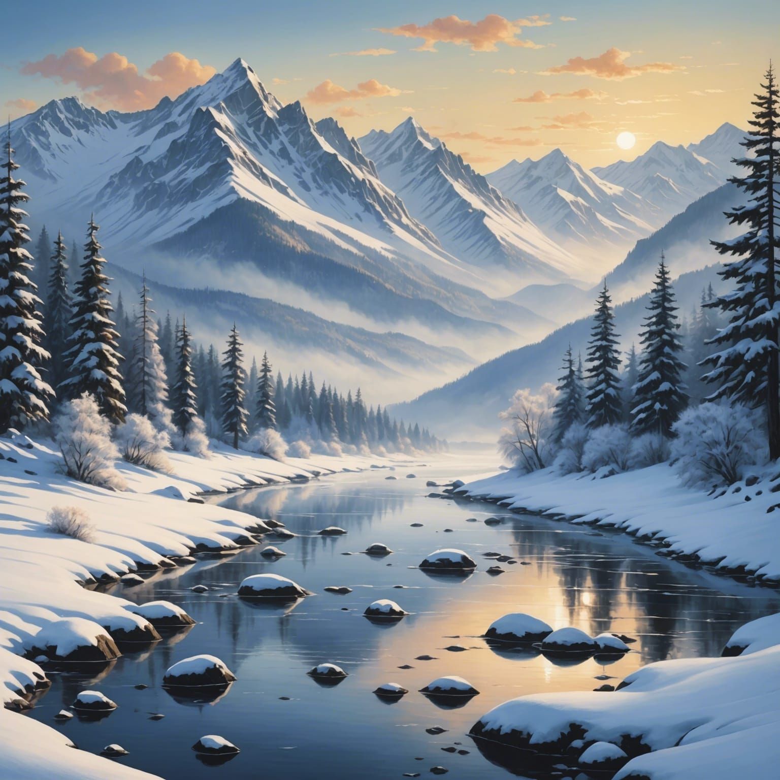 Snowy Sunrise Landscape with Tranquil River