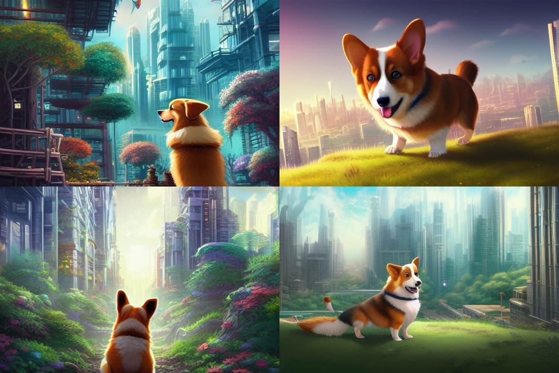 Giant Corgi in Overgrown Cityscape: Anime Concept Art