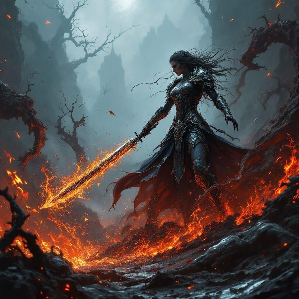 Epic Fantasy Battle Scene: Valkyrie Marenia in a Corrupted R...