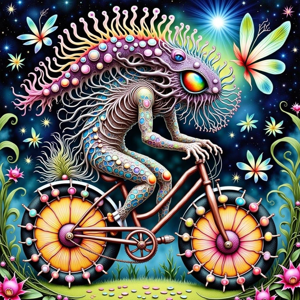 Intricate Alien Creature on Bicycle in Digital Art