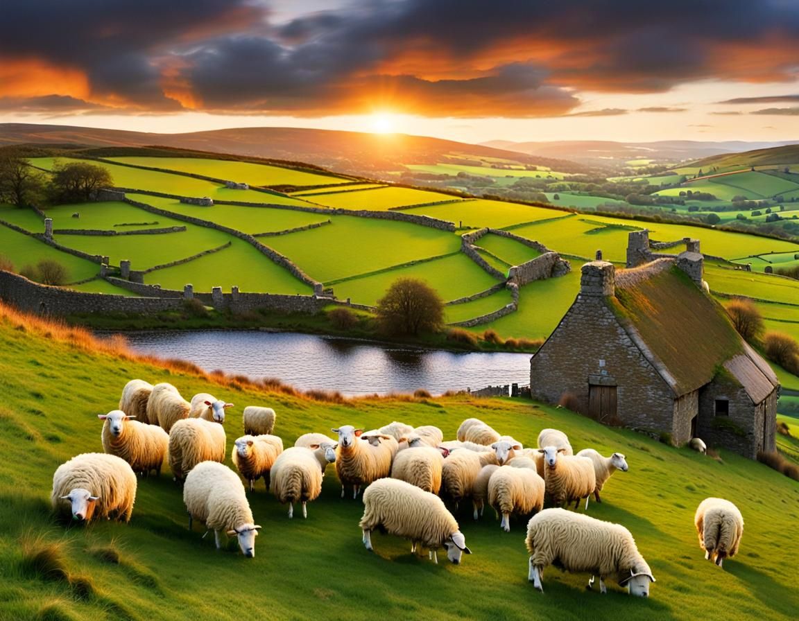 Idyllic Irish Sheep Meadow at Sunset