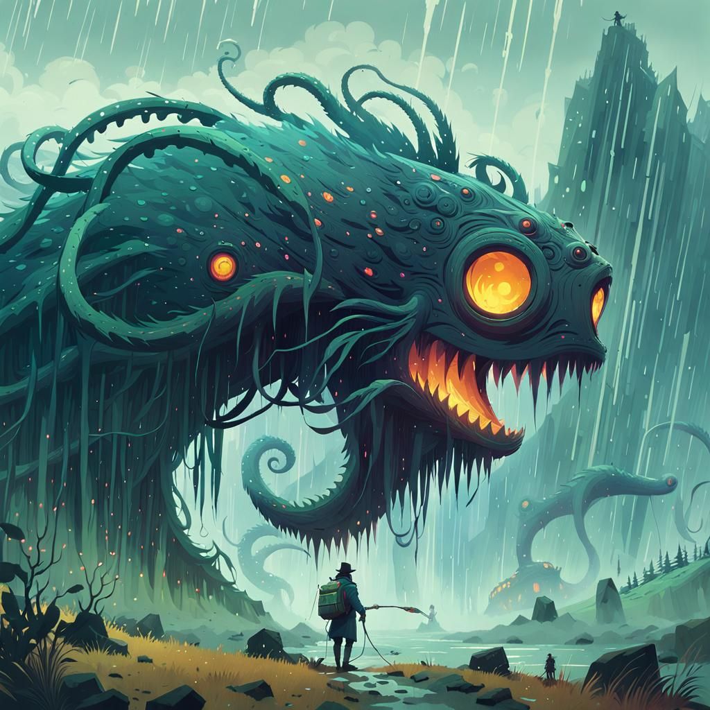 Eerie Tentacle Monster in Rain-Soaked Highlands