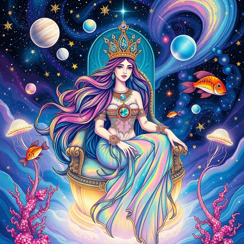 Ethereal Queen of the Iridescent Ocean in Cosmic Style