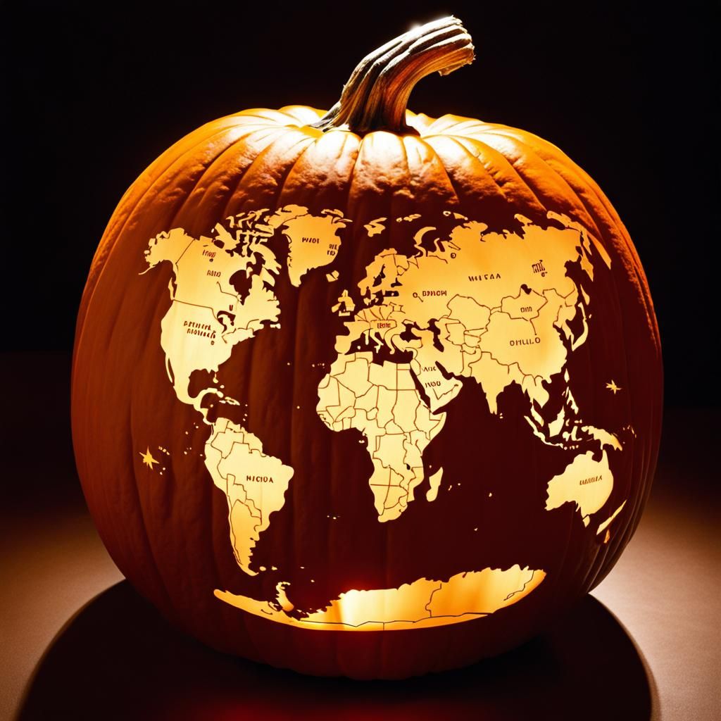 A map of the world carved into a pumpkin on Halloween