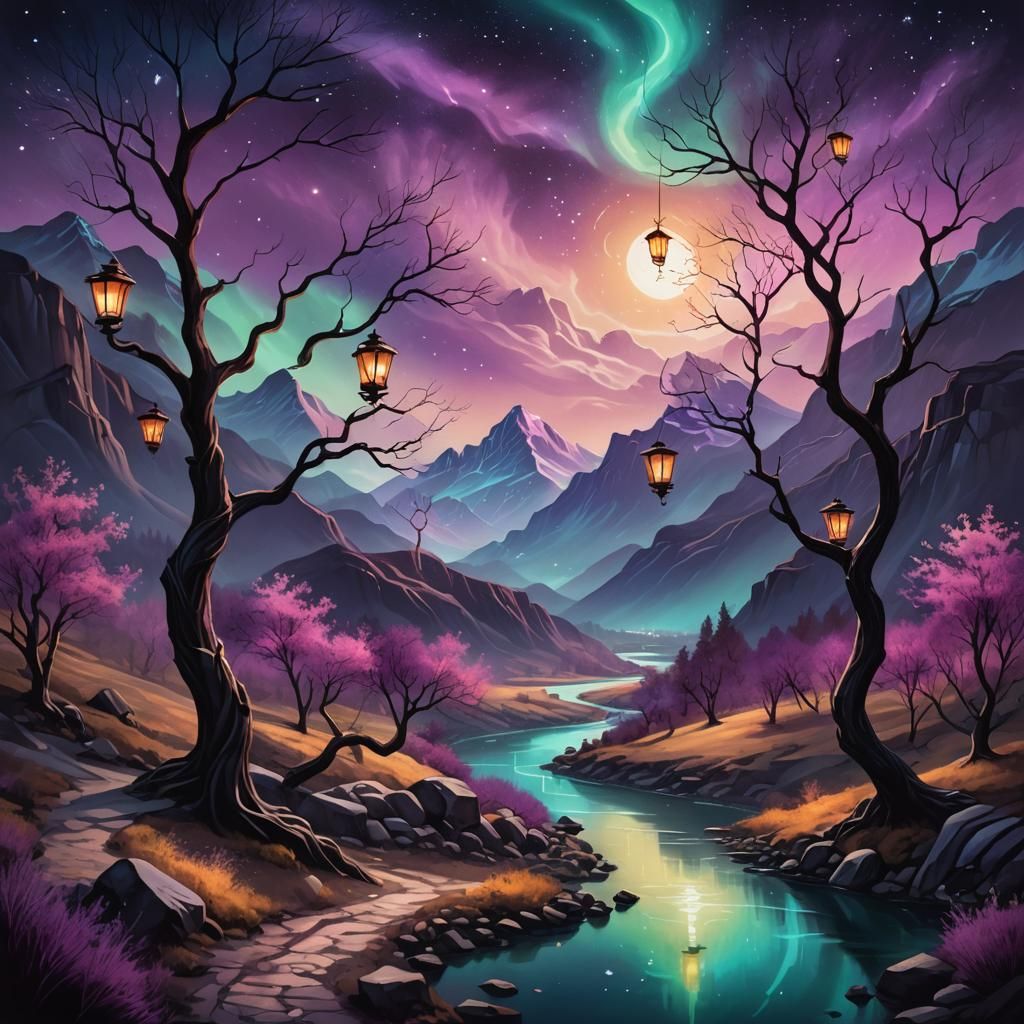Mystical Lantern Trees in Fantasy Landscape Art