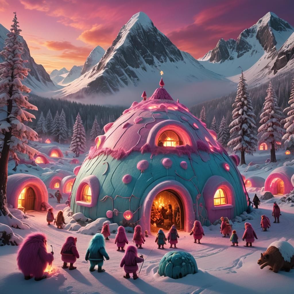 Norwegian Trolls Gathered Around a Pink Igloo