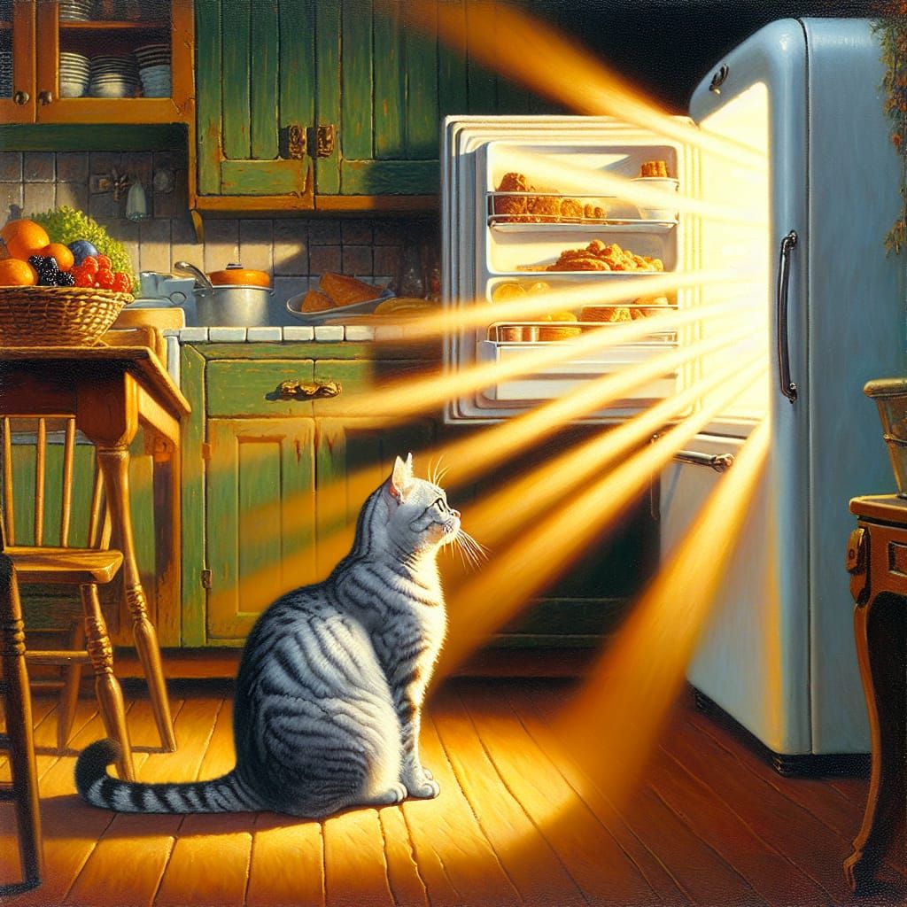 Silver Tabby Mesmerized by Refrigerator Light, Oil Painting