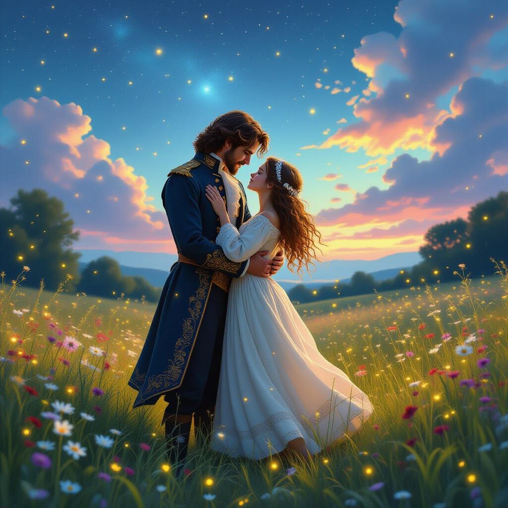 Romantic Prince and Village Girl Under Starry Sky